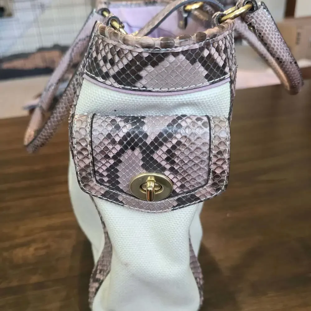 Coach Canvas and Snakeskin Trim Boxy Tote Handbag